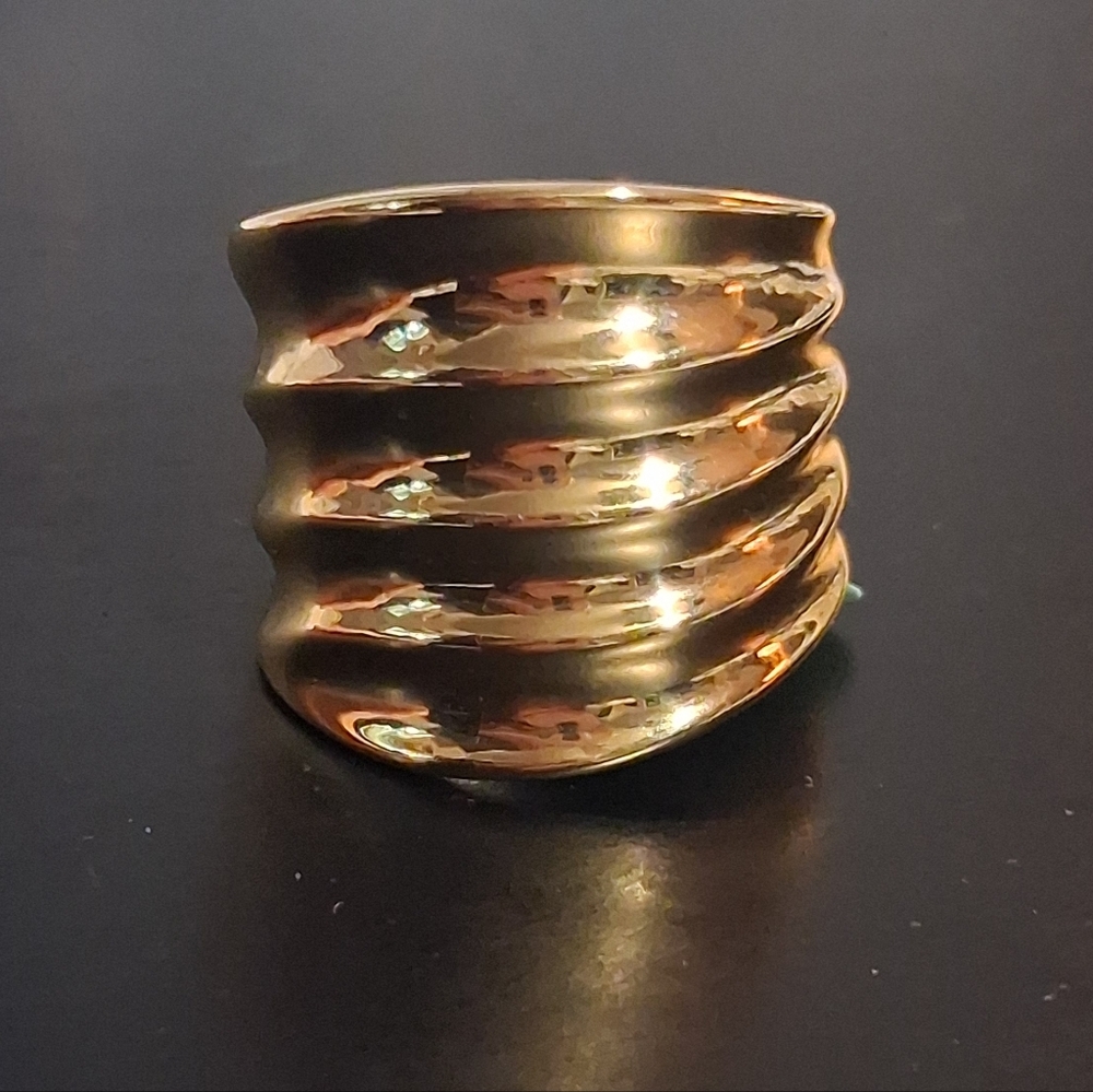 Gold-Tone Stainless Steel Ribbed Patern Wide Band Ring